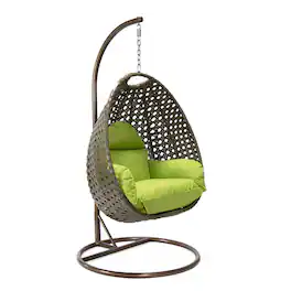 LeisureMod - Beige Wicker Hanging Egg Chair with Iron Stand & Cushion - All-Weather Single Outdoor Patio Swing - Light Green