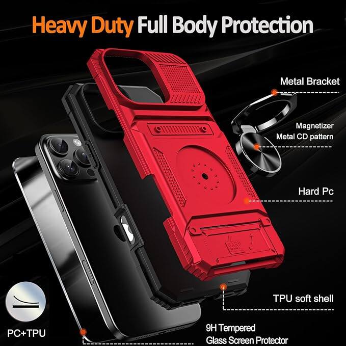 Heavy Duty Full Body Protection

- Metal Bracket
- Magnetizer
- Metal CD pattern
- Hard Pc
- TPU soft shell
- 9H Tempered Glass Screen Protector
- PC+TPU