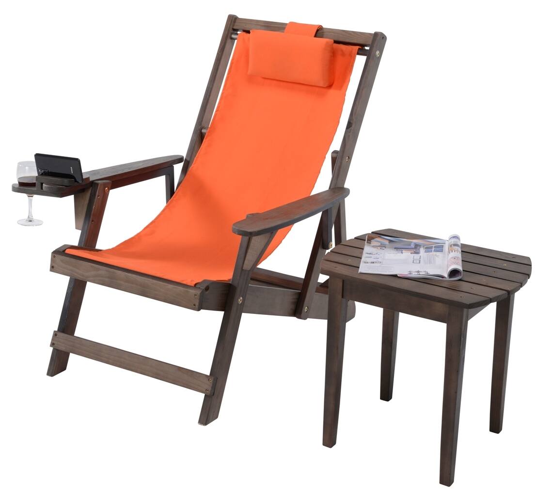 Front. Jiallo - Romantic Collection Canvas Sling Chair with Cup and Wine Holder and end table - Dark Brown Color with Orange Fabric.