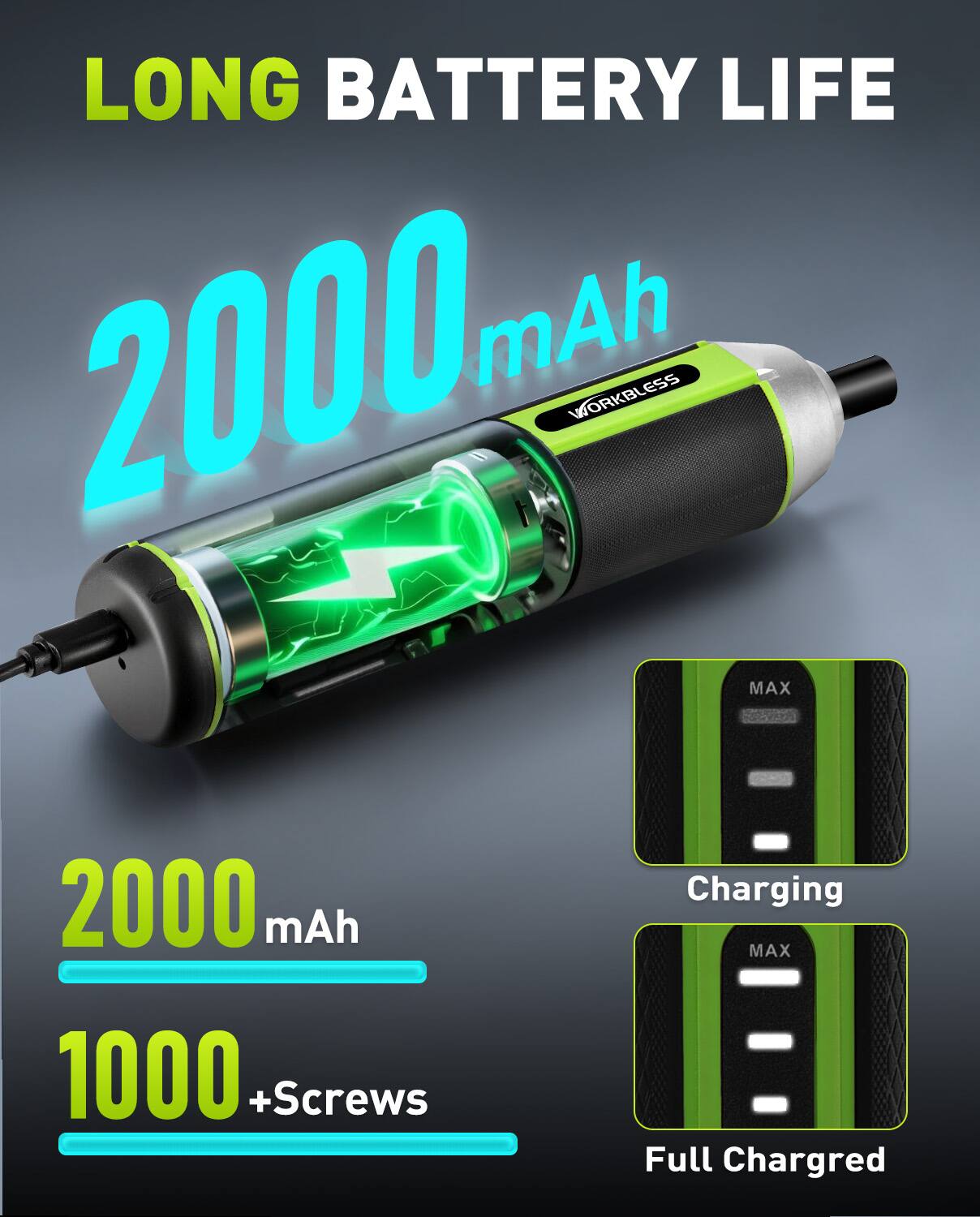 LONG BATTERY LIFE  
2000 mAh  
2000 mAh  
1000 + Screws  
Charging  
Full Charged