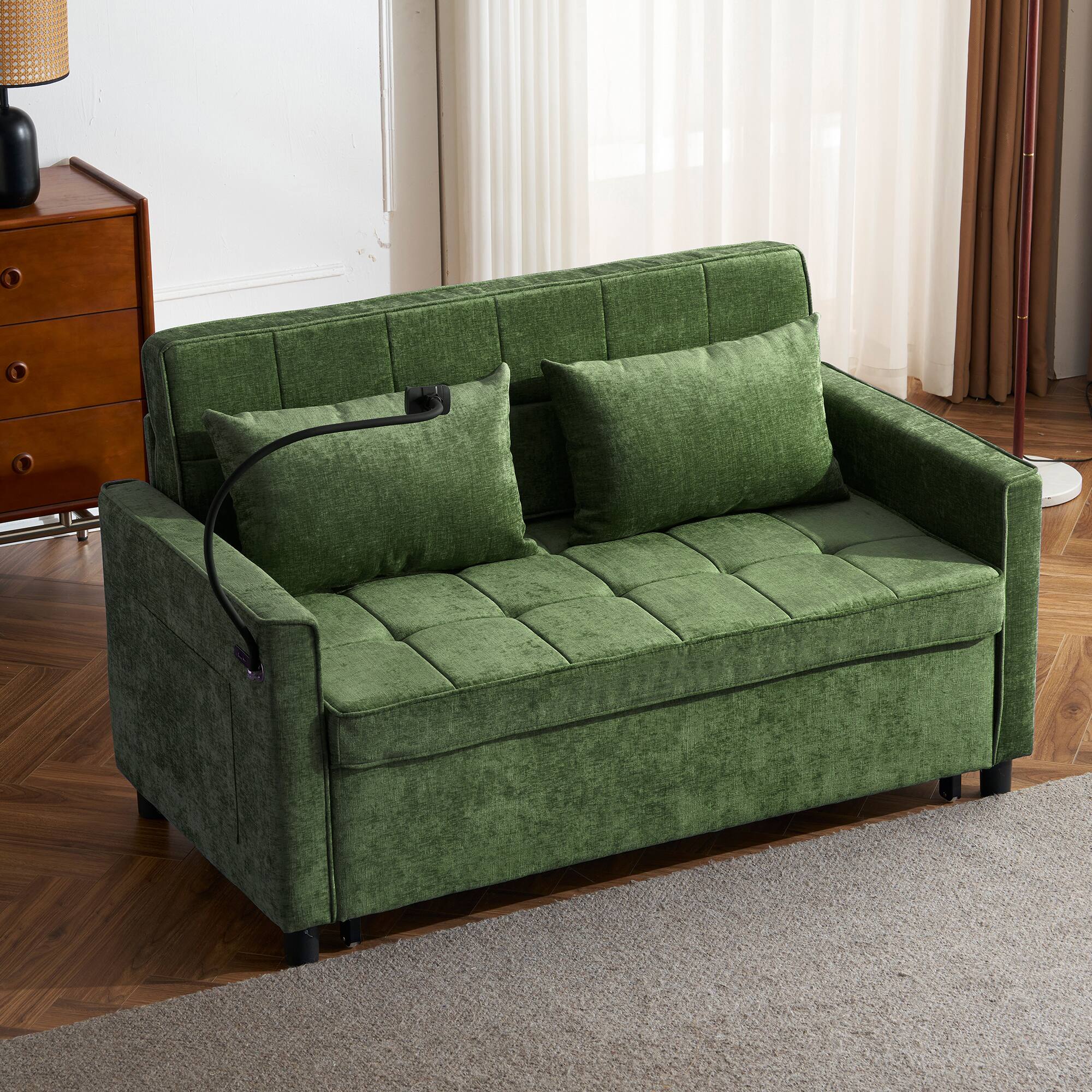 Alt View 4. Anysun - 56.9" Loveseat Pull-Out Sofa Bed with USB Ports - Reversible Cushion, Side Pockets & Phone Holder for Living Room - Green.