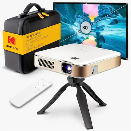 KODAK LUMA 400
KIT INCLUDES
CARRYING CASE
80" PROJECTOR SCREEN
TRIPOD
REMOTE CONTROL