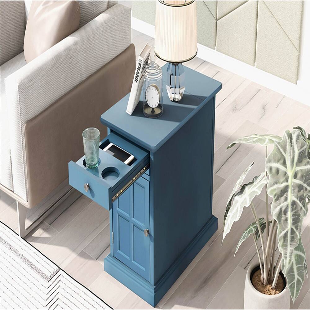 Left. Loheer - Loheer Vintage End Table Antique Navy Side Table with USB Ports Cup Holders Storage Drawer Solid Wood Base - Antique Navy.
