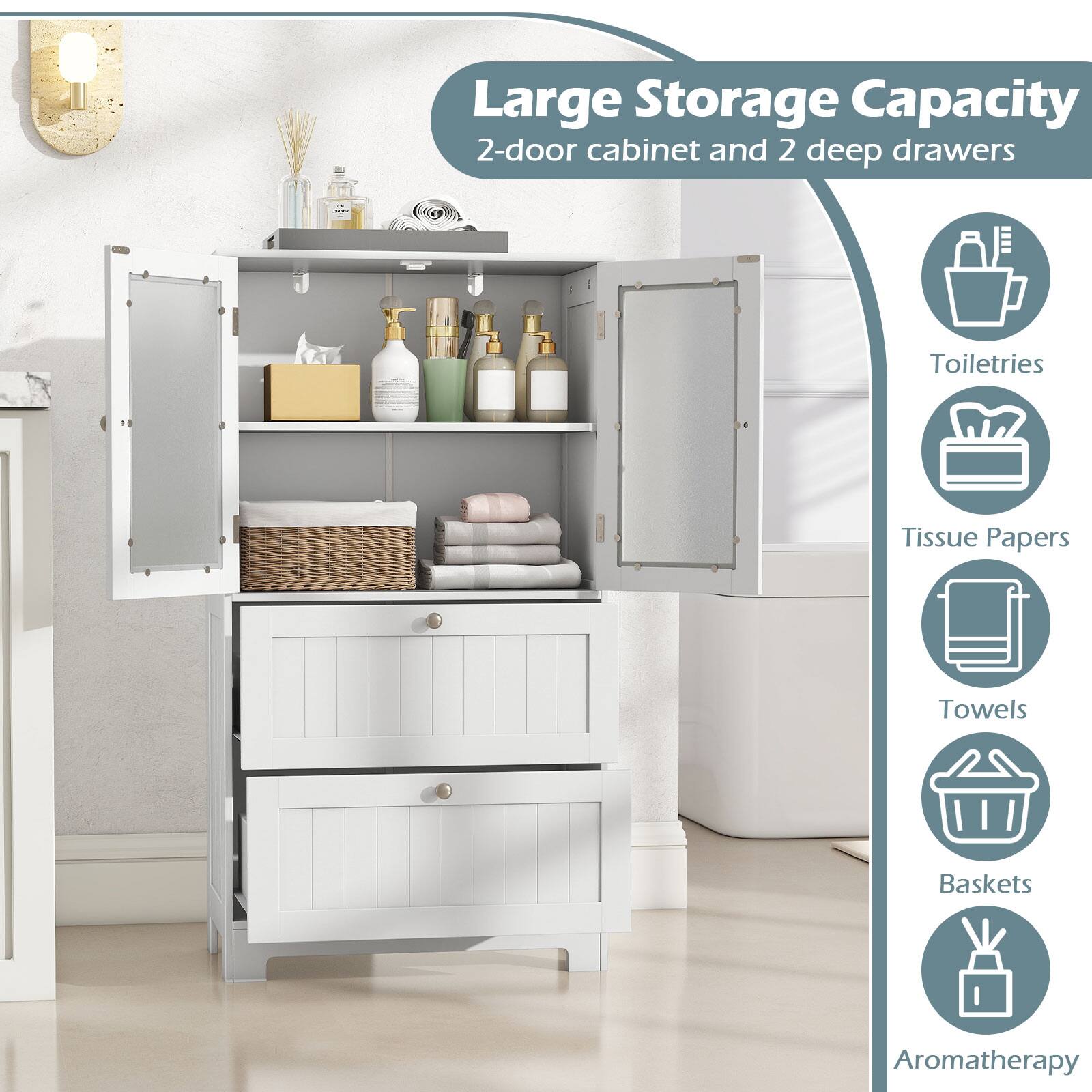 Large Storage Capacity  
2-door cabinet and 2 deep drawers  

- Toiletries  
- Tissue Papers  
- Towels  
- Baskets  
- Aromatherapy