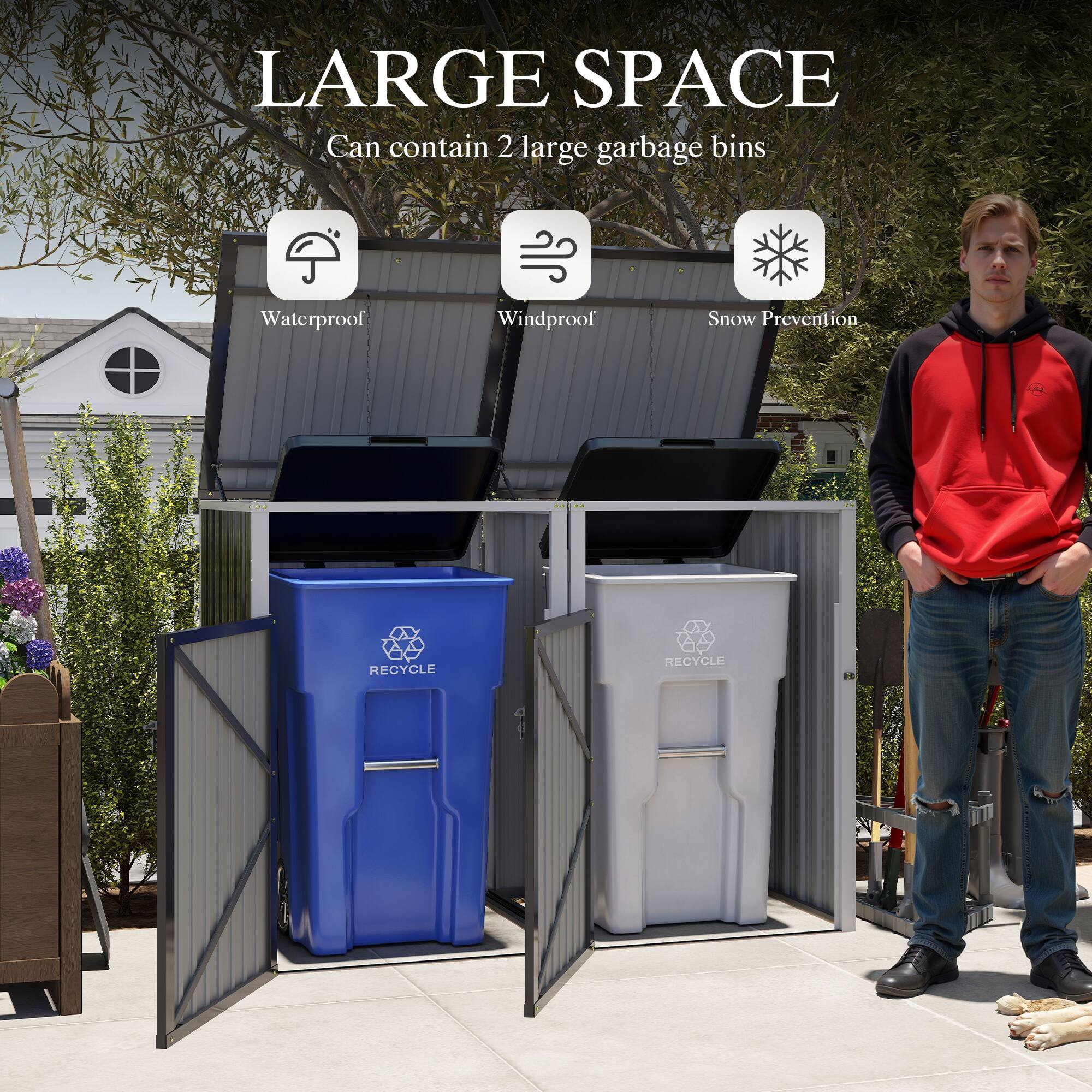 LARGE SPACE  
Can contain 2 large garbage bins  
Waterproof  
Windproof  
Snow Prevention  
RECYCLE