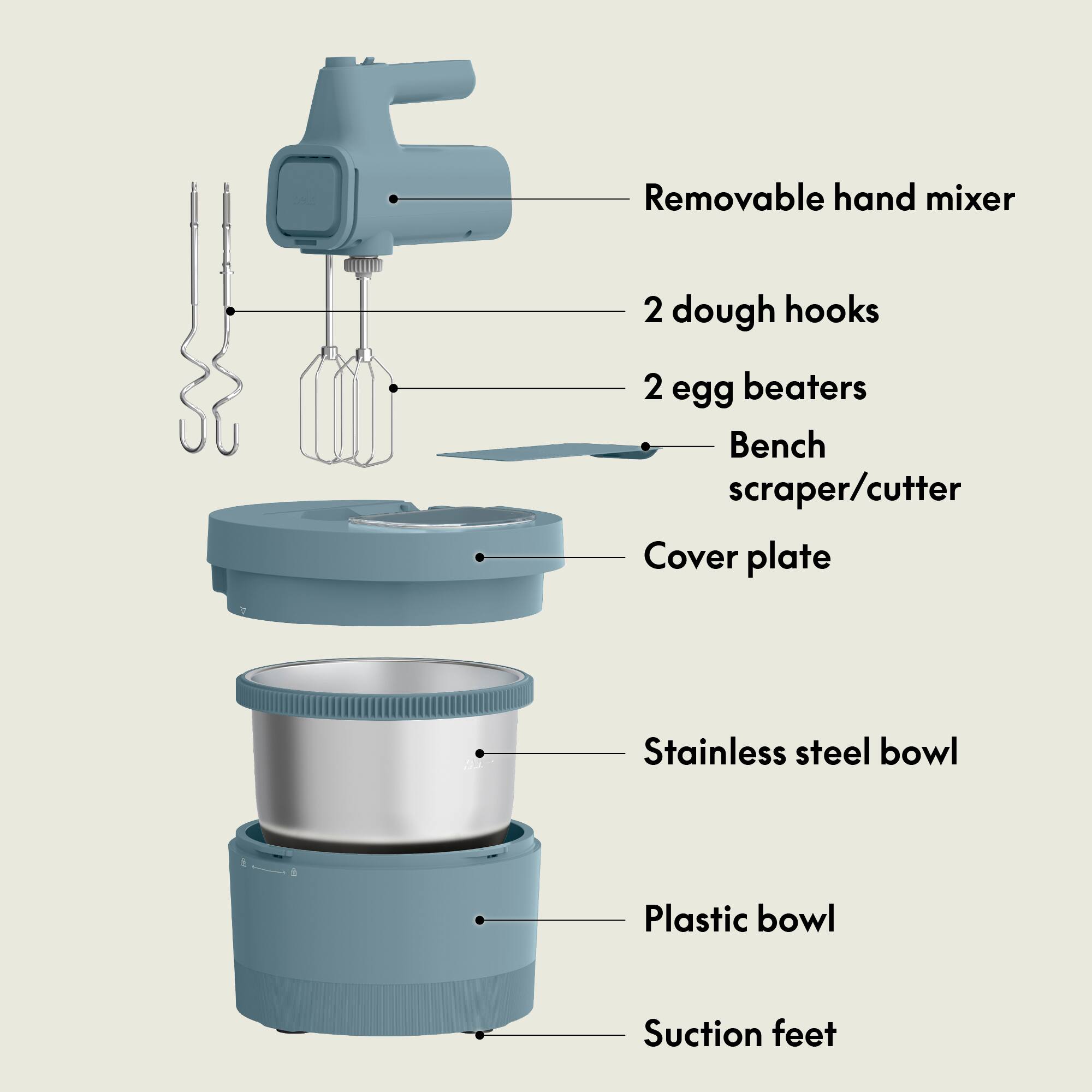 - Removable hand mixer
- 2 dough hooks
- 2 egg beaters
- Bench scraper/cutter
- Cover plate
- Stainless steel bowl
- Plastic bowl
- Suction feet
