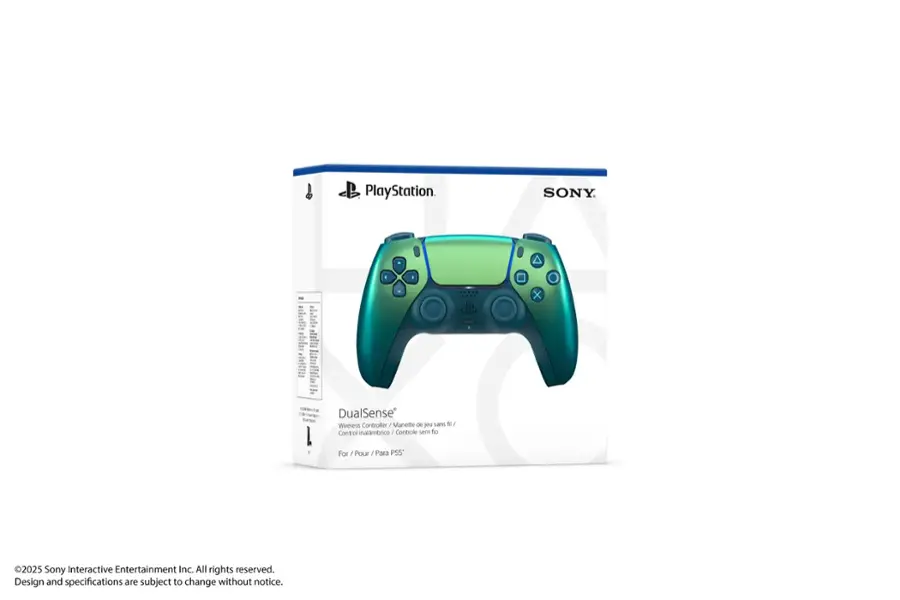 The text on the image reads: "PlayStation. SONY. DualSense Wireless Controller. Manette de eu sans N Control inalmbrico. Controle sem to 1 1. For 5 Pour / Para PSS 2025. Sony Interactive Entertainment Inc. All rights reserved. Design and specifications are subject to change without notice."