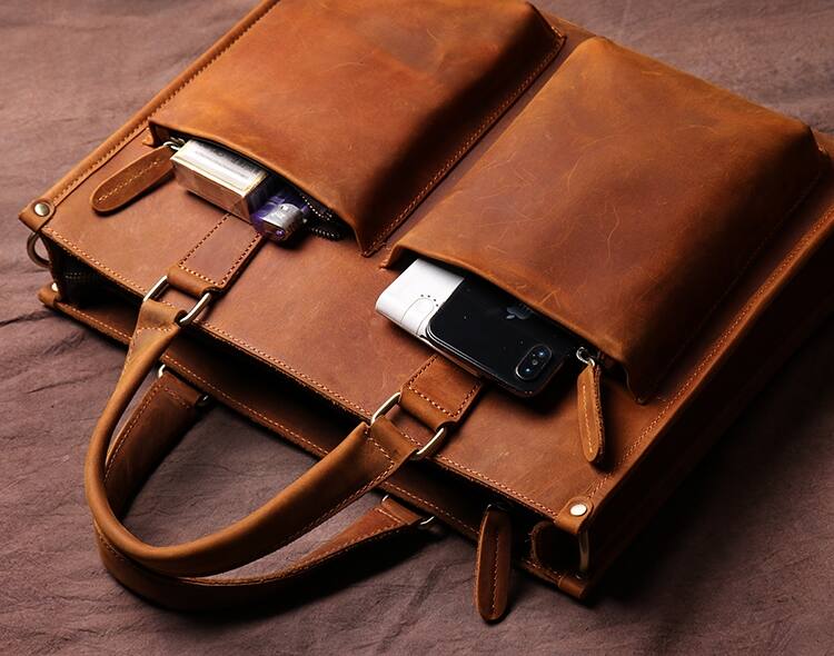 Left. Steel Horse Leather - The Dagmar Leather Briefcase | Vintage Leather Messenger Bag - Brown.