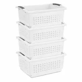 Sterilite - Large Stacking Basket, Open Top Storage Bin w/ Handles, 4 Pack, White