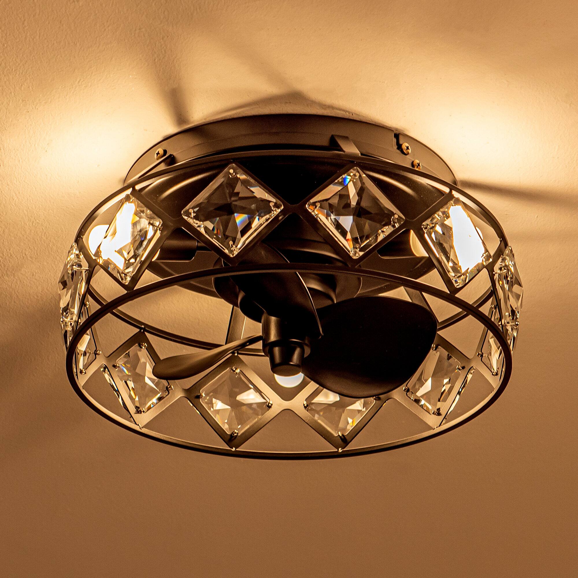 Alt View 6. Parrot Uncle - 12" Modern Black Crystal Ceiling Fan with LED Light and Remote - Matte Black.