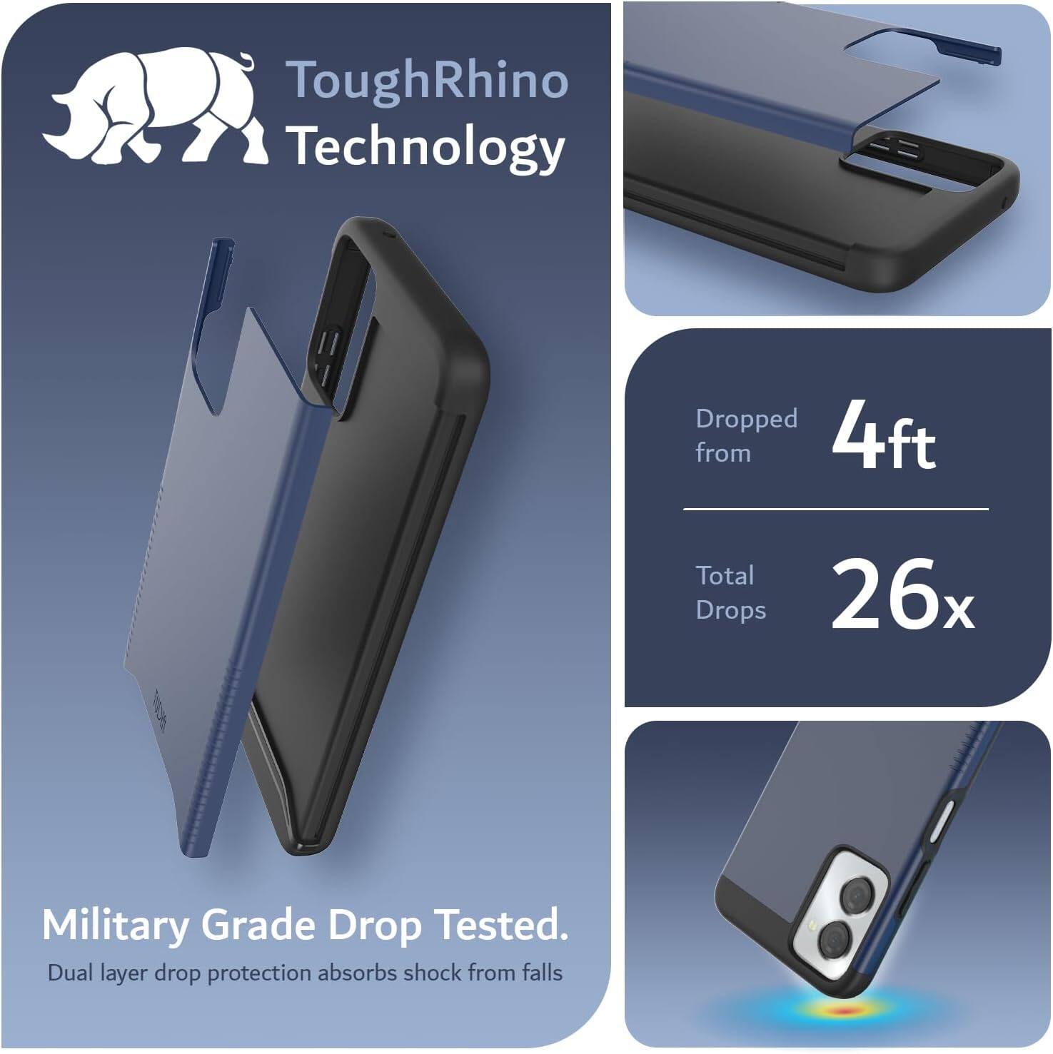 ToughRhino Technology

Dropped from 4ft

Total Drops 26x

Military Grade Drop Tested.
Dual layer drop protection absorbs shock from falls