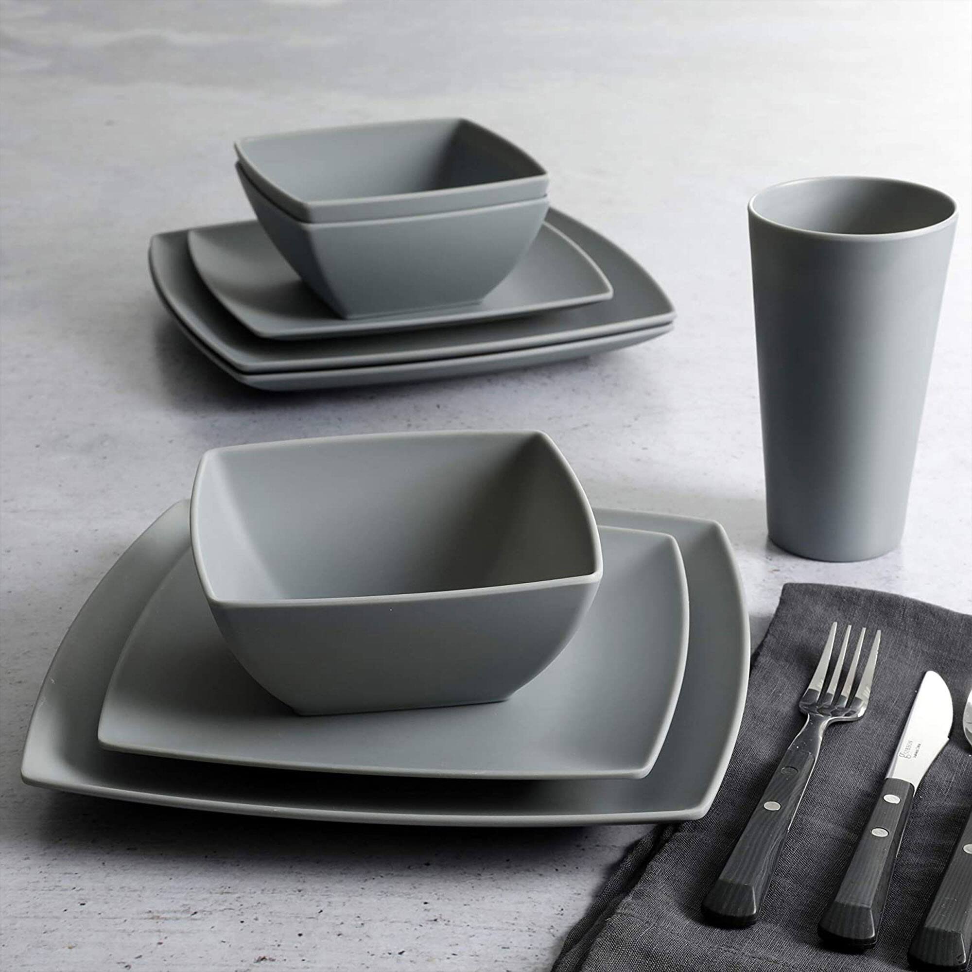 Alt View 4. Gibson - Gibson Home 16 Piece Square Melamine Dinnerware Set Plates, Bowls, & Cups, Grey - Gray.