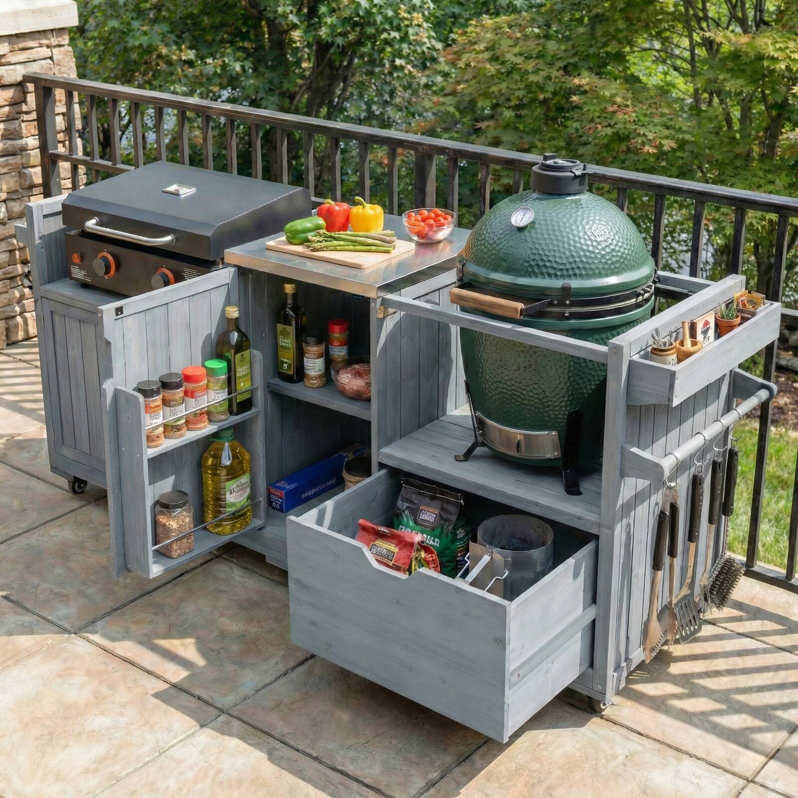 Alt View 8. Chateau Abodes - 80.5" Outdoor Kitchen Island for Big Green Egg & 21"/28" Blackstone Griddle, Solid Wood with Stainless Steel Top - Grey Blue.