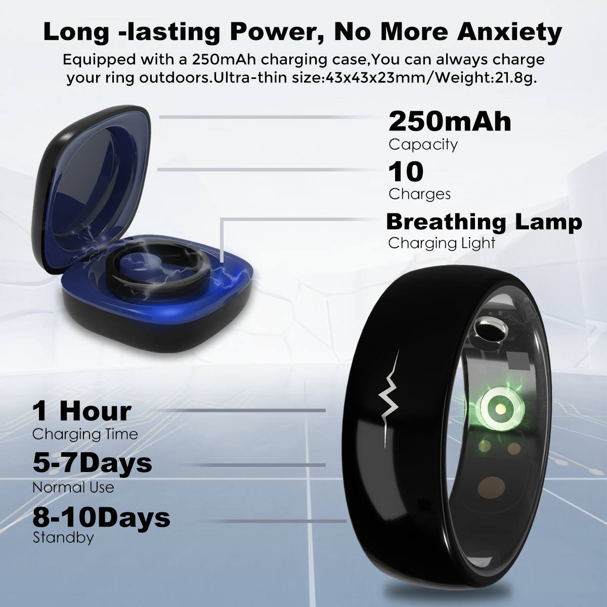 Long-lasting Power, No More Anxiety  
Equipped with a 250mAh charging case, you can always charge your ring outdoors. Ultra-thin size: 43x43x23mm / Weight: 21.8g.

250mAh  
Capacity  
10  
Charges  
Breathing Lamp  
Charging Light

1 Hour  
Charging Time  
5-7 Days  
Normal Use  
8-10 Days  
Standby