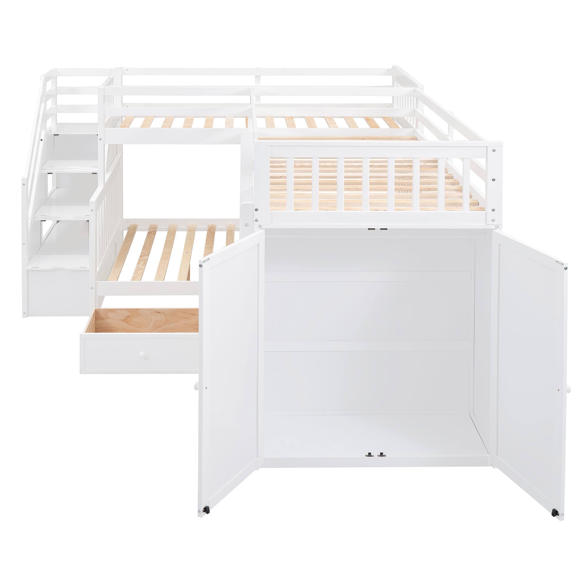 Alt View 5. Tiramisubest - Twin-Twin L-Shaped Bunk Bed, 3 Drawers, Portable Desk, Wardrobe, White - White.