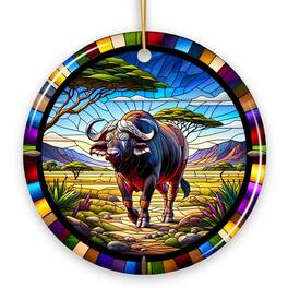 OrnamentallyYou - African Buffalo Wildlife Encounter Stained Glass Style Ceramic Ornament Safari Christmas Gift - Multi-colored