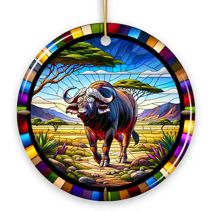 Front. OrnamentallyYou - African Buffalo Wildlife Encounter Stained Glass Style Ceramic Ornament Safari Christmas Gift - Multi-colored.
