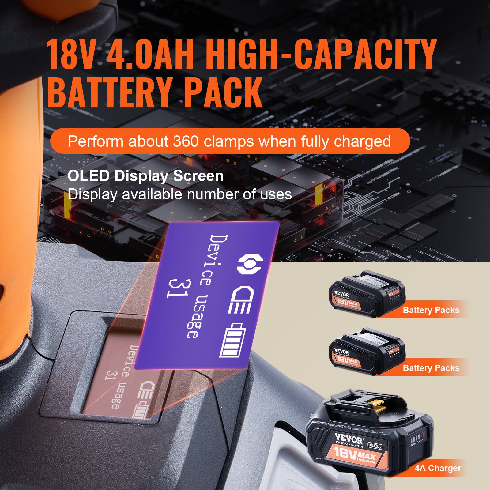 18V 4.0AH HIGH-CAPACITY BATTERY PACK

Perform about 360 clamps when fully charged

OLED Display Screen
Display available number of uses

Device usage: 31

Battery Packs

4A Charger

VEVOR 18V Battery Packs

VEVOR 18V MAX