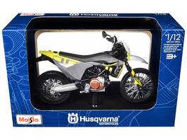 2023 Husqvarna 701 Supermoto Motorcycle Matt Black and Gray with Yellow and White Accents with Base 1/12 Model by Maisto