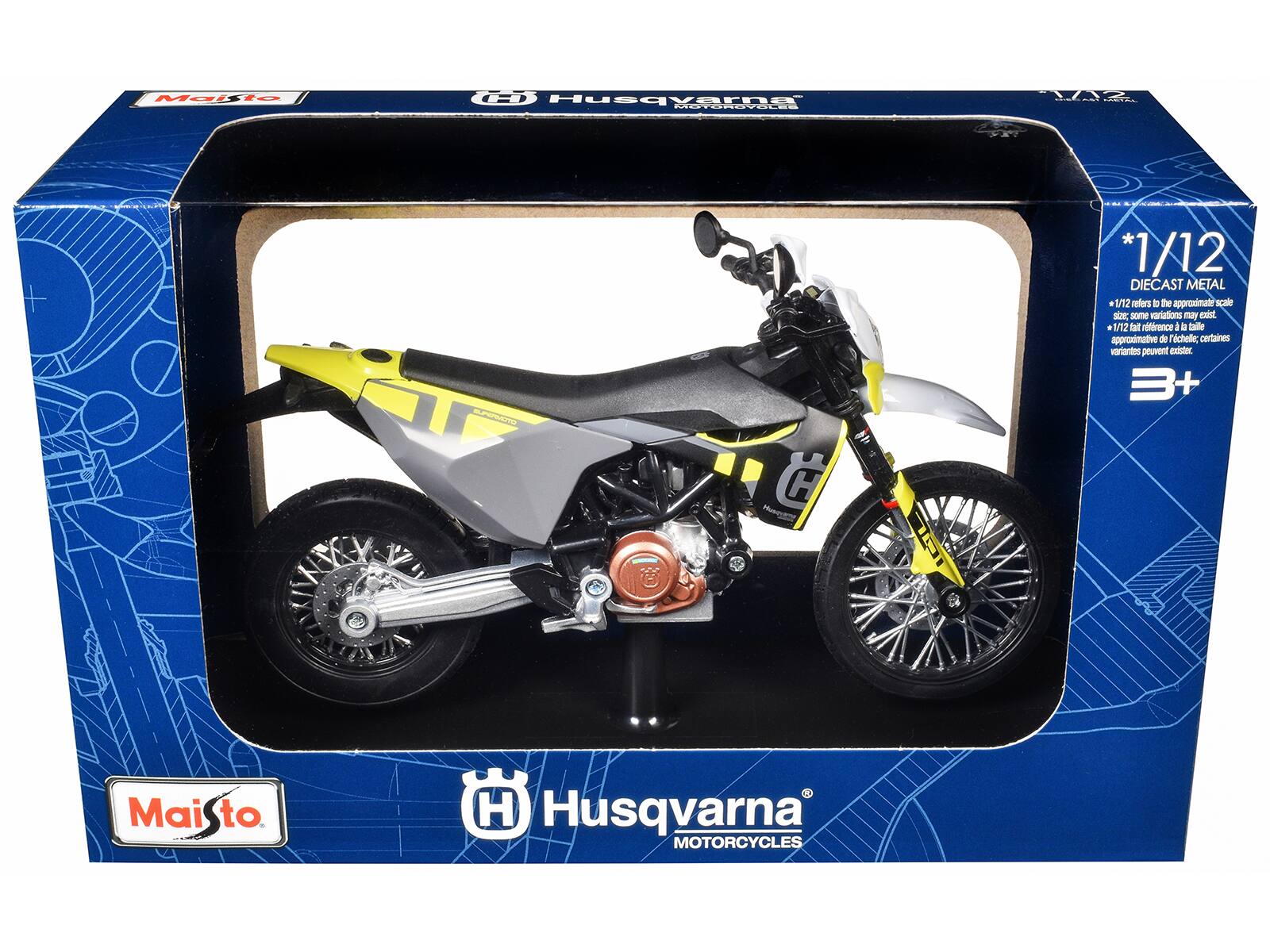 Maisto Husqvarna yara METARAVALLE CT LA adTEs D *1/12 DIECAST METAL 1/12 refers to the approximate scale. Some variations may exist. 1/12 fait référence à la taille approximative de Techelc certaines variantes peuvent exister. 3+ H Maisto. to 2 H Husqvarna MOTORCYCLES