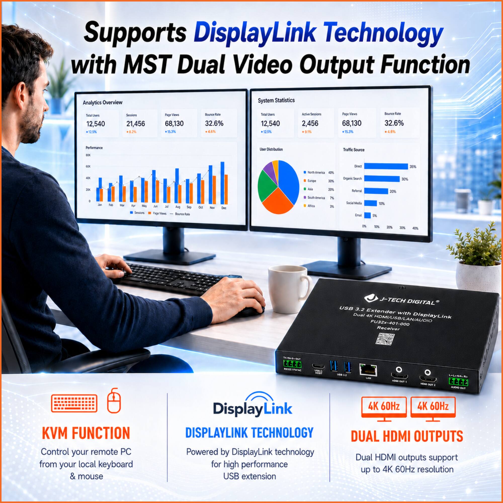 Supports DisplayLink Technology with MST Dual Video Output Function

Analytics Overview
- Total Users: 12,540 (+12.5%)
- Sessions: 21,456 (+8.7%)
- Page Views: 68,130 (+13.2%)
- Bounce Rate: 32.6% (+4.6%)

System Statistics
- Total Users: 12,540
- Active Sessions: 2,456
- Page Views: 68,130
- Bounce Rate: 32.6%

User Distribution
- North America: 40%
- Europe: 30%
- Asia: 20%
- South America: 7%
- Africa: 3%

Traffic Source
- Direct: 30%
- Organic Search: 30%
- Referral: 25%
- Social Media: 10%
- Email: 5%

J-TECH DIGITAL USB 3.2 Extender with Dual 4K DisplayLink HOMMUSB/LANAUDIO FU32x-401-000 Receiver

KVM FUNCTION
-