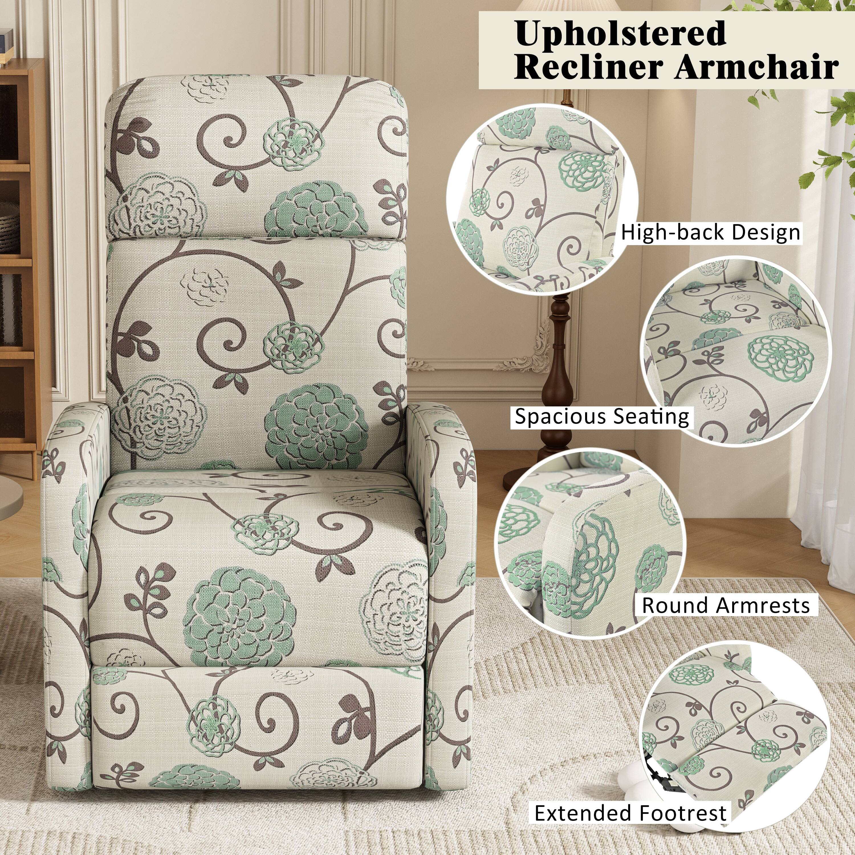 Upholstered Recliner Armchair

- High-back Design
- Spacious Seating
- Round Armrests
- Extended Footrest