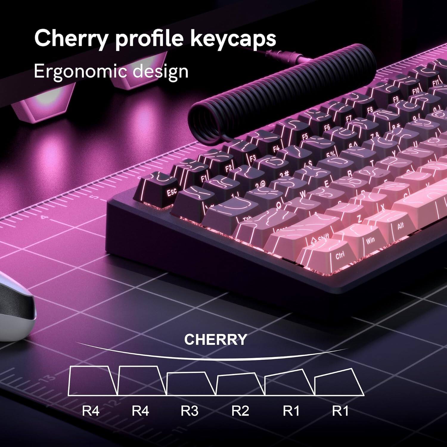 Cherry profile keycaps  
Ergonomic design  

FB FT F6 F5 7& F4 RA F3 5% T F2 2 R F1 2.0 g E Esc W 1 O 4 Zah Z CAnA Shiff Win Ctri FID F9 0 R & U Y All FI1 LA I  

CHERRY  
R4 13 R4 R3 R2 R1 R1
