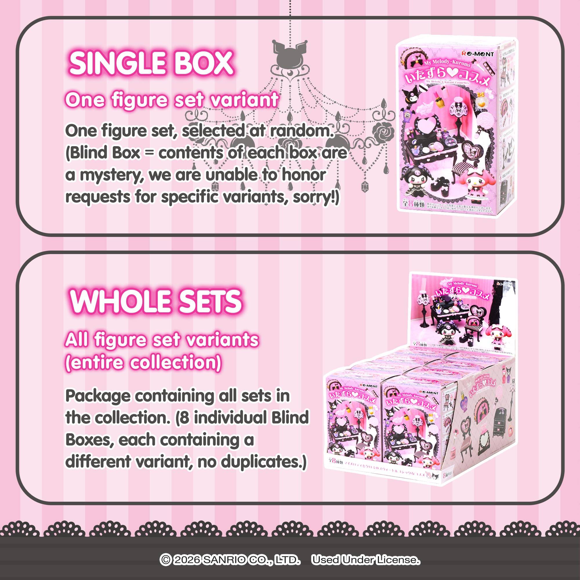 SINGLE BOX  
One figure set variant  
One figure set, selected at random.  
(Blind Box = contents of each box are a mystery, we are unable to honor requests for specific variants, sorry!)

WHOLE SETS  
All figure set variants (entire collection)  
Package containing all sets in the collection. (8 individual Blind Boxes, each containing a different variant, no duplicates.)

© 2026 SANRIO CO., LTD. Used Under License.