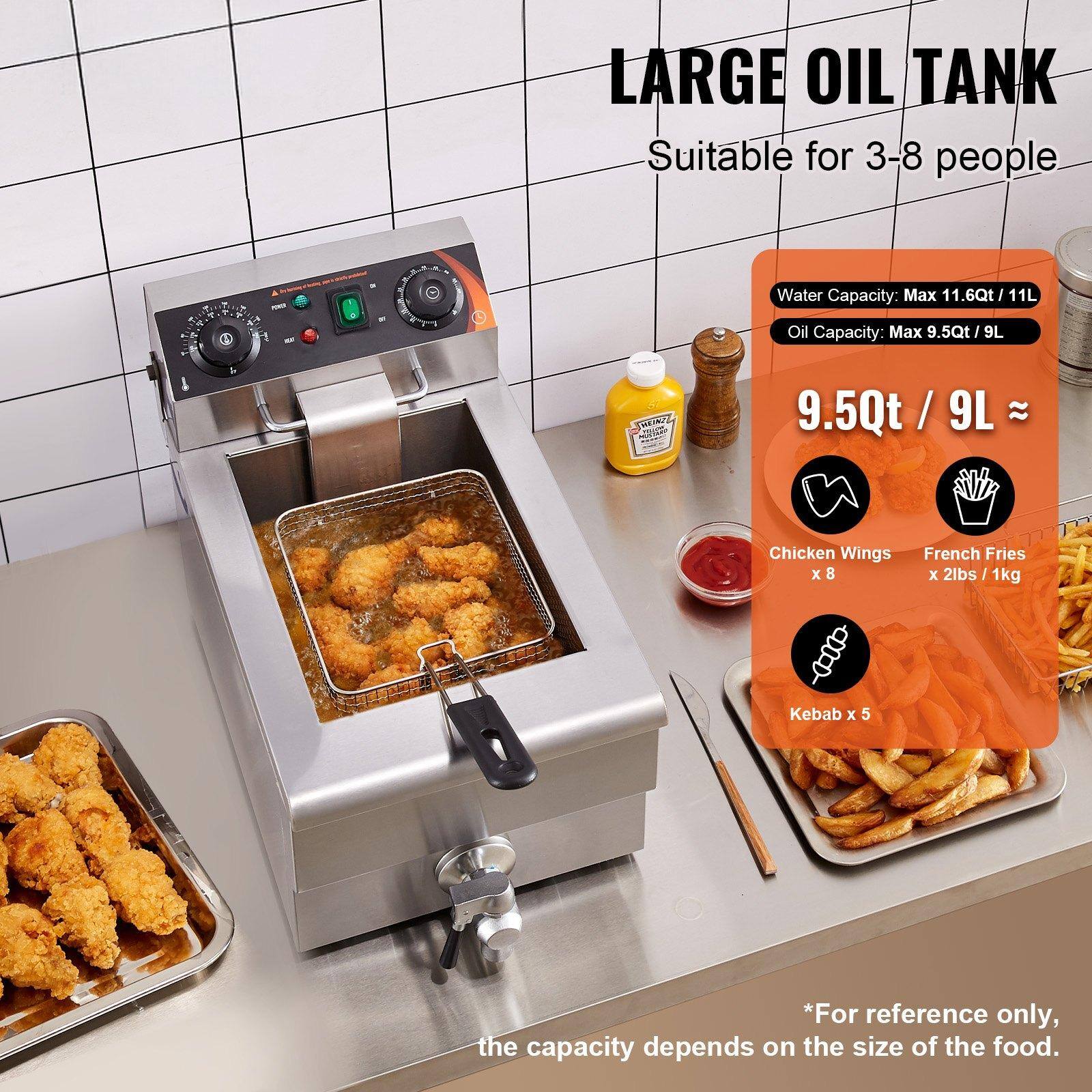 LARGE OIL TANK  
Suitable for 3-8 people  

Water Capacity: Max 11.6Qt / 11L  
Oil Capacity: Max 9.5Qt / 9L  

9.5Qt / 9L ≈  
Chicken Wings x 8  
French Fries x 2lbs / 1kg  
Kebab x 5  

*For reference only, the capacity depends on the size of the food.