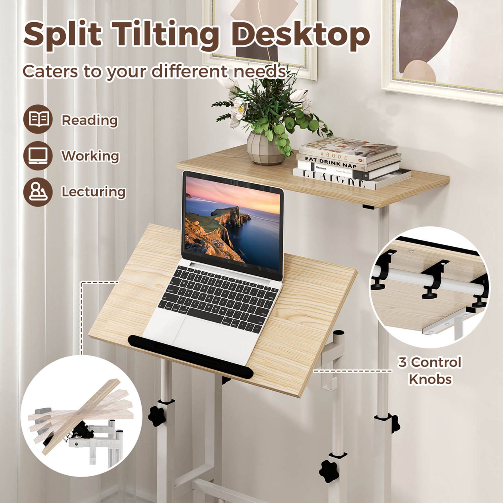 Split Tilting Desktop  
Caters to your different needs:  
- Reading  
- Working  
- Lecturing  

3 Control Knobs
