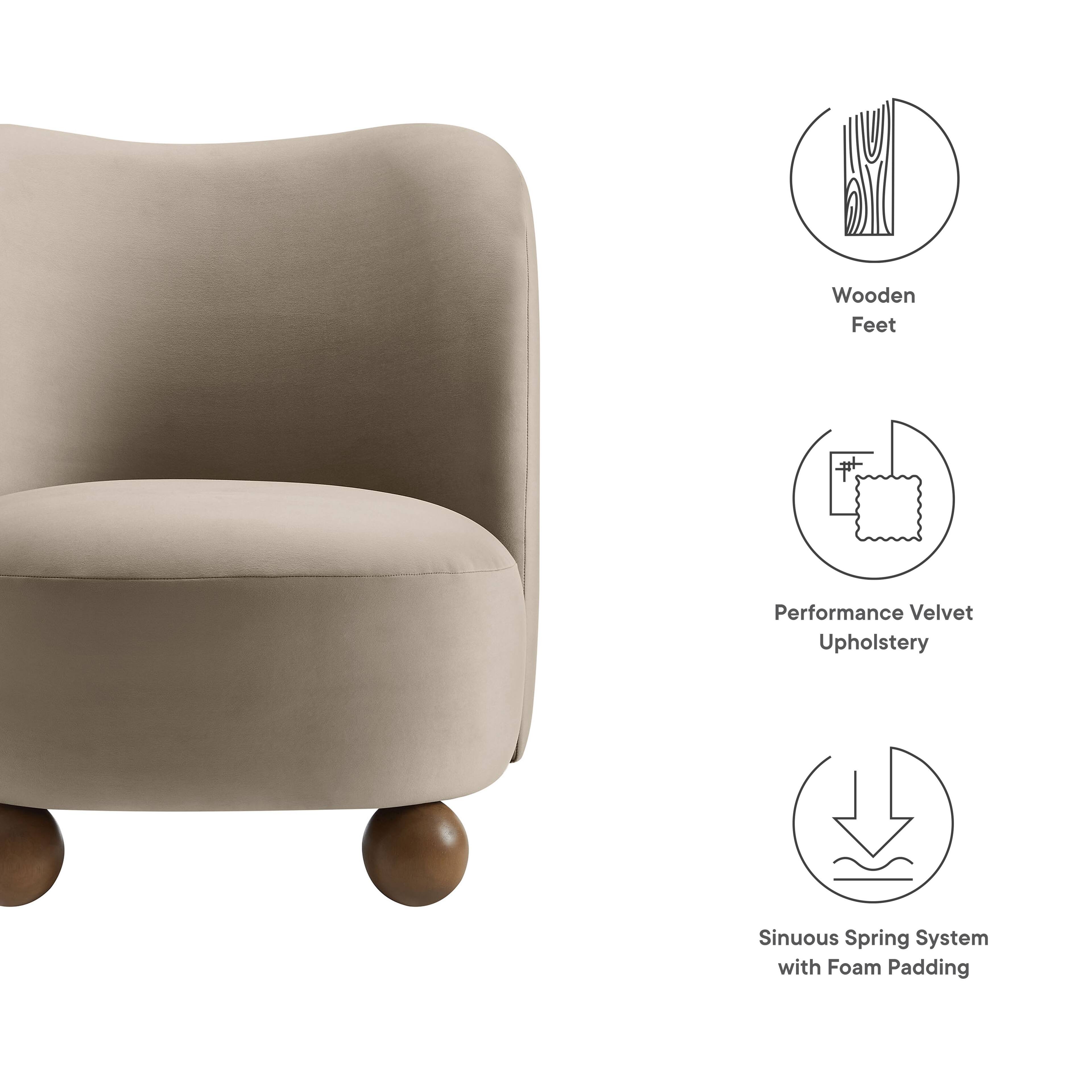 - Wooden Feet
- Performance Velvet Upholstery
- Sinuous Spring System with Foam Padding