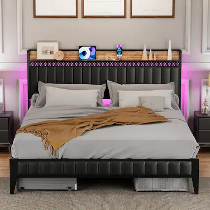 Front. Qeetex - Bed Frame with 4 Storage Drawers and Upholstered Headboard, Sturdy Metal Slats, Modern Platform Design - Black.