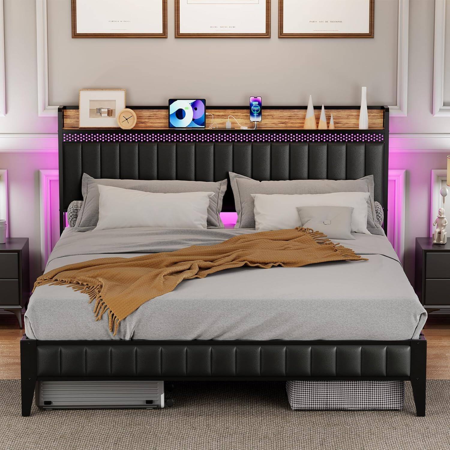 Front. Qeetex - Bed Frame with 4 Storage Drawers and Upholstered Headboard, Sturdy Metal Slats, Modern Platform Design - Black.
