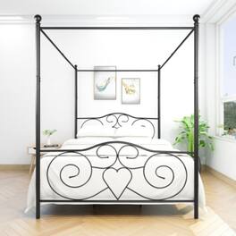 LUCKY ONE - Queen Size Metal Canopy Bed Frame with Vintage Headboard and Footboard, Steel Slats, No Box Spring Needed - Black