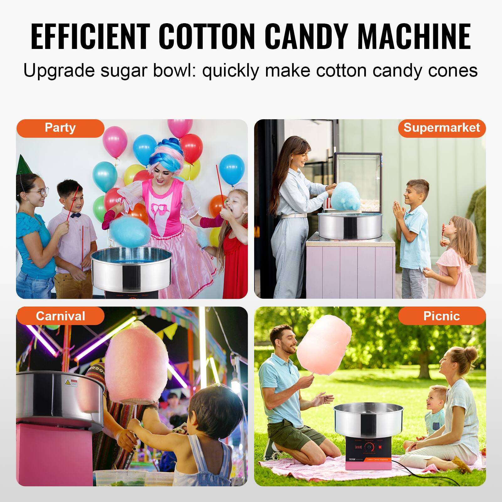 EFFICIENT COTTON CANDY MACHINE  
Upgrade sugar bowl: quickly make cotton candy cones  

Party  
Supermarket  
Carnival  
Picnic