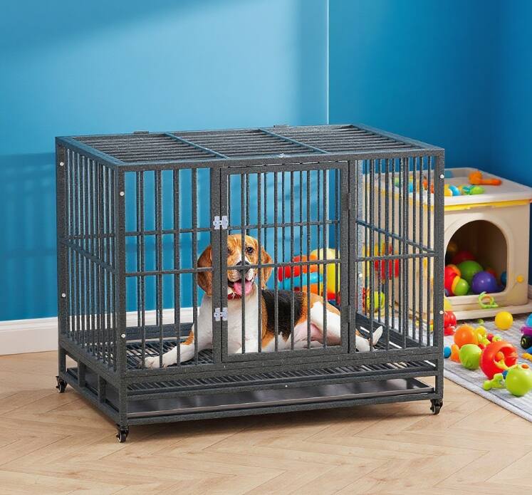 Left. Siljoy - Heavy Duty Dog Crate, 43" Metal Kennel with 4 Lockable Wheels & 2 Doors for Dogs up to 88 lbs.