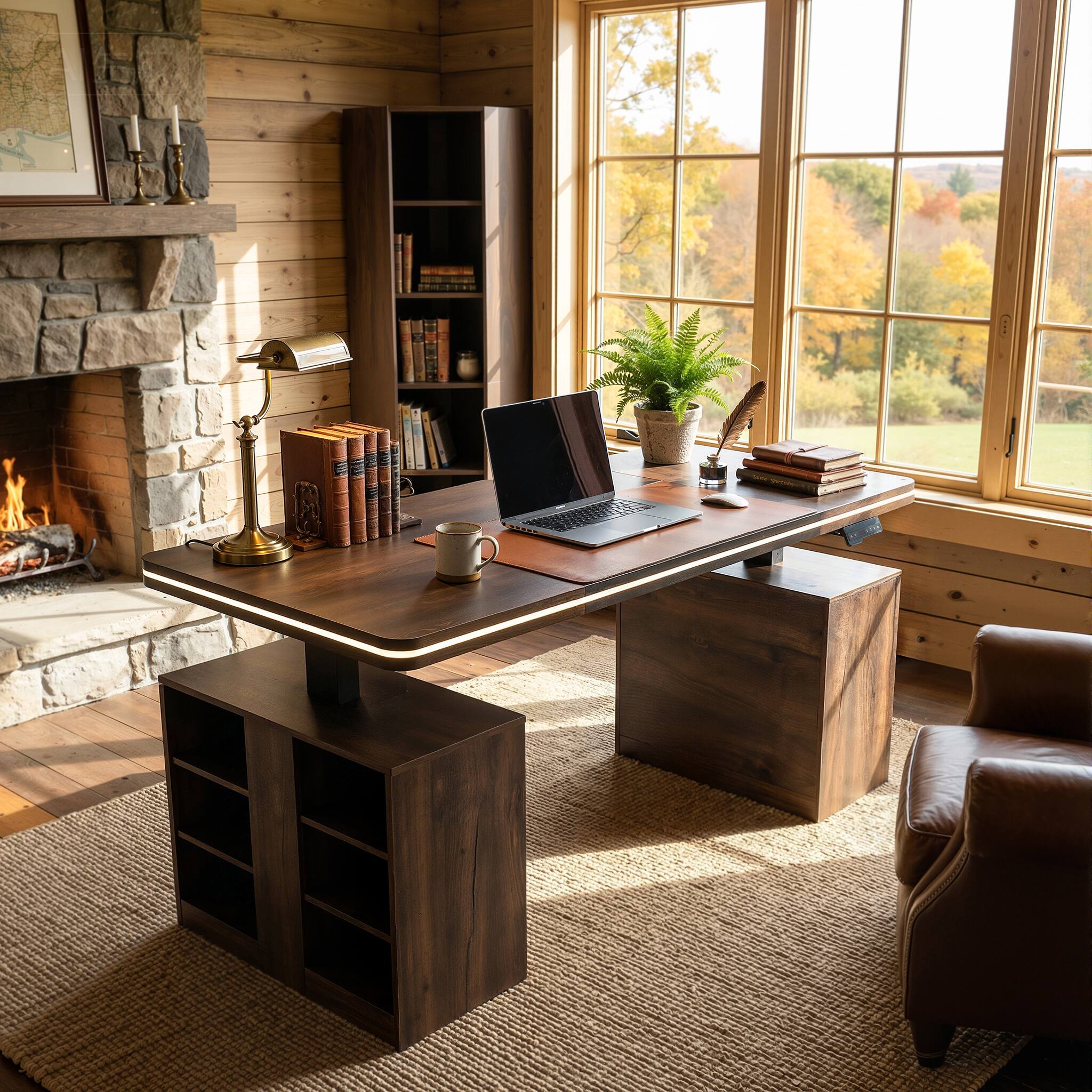 Alt View 9. Famapy - Electric Height Adjustable Desk with RGB Light & Dual Storage –Swappable Cabinets,2AC+3USB Outlet,Sit Stand Workstation - Walnut.