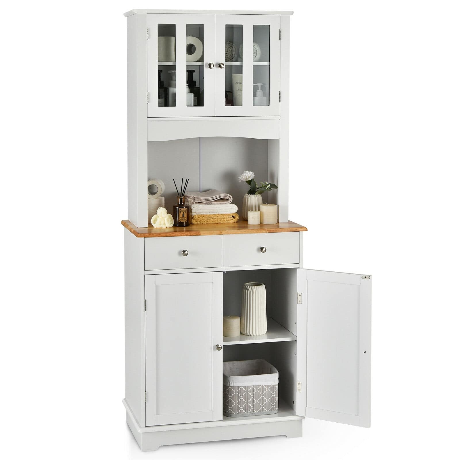 Ecooso - Kitchen Pantry Cabinet with Hutch, Wood Top Storage Cupboard with Shelves for Dining Room - White