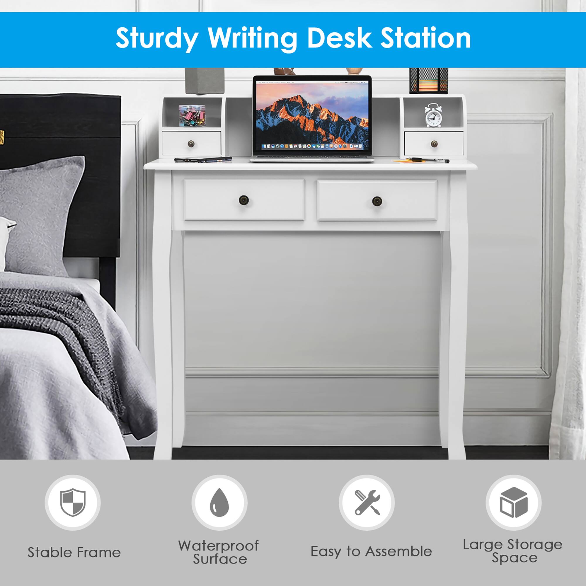 Sturdy Writing Desk Station

- Stable Frame
- Waterproof Surface
- Easy to Assemble
- Large Storage Space