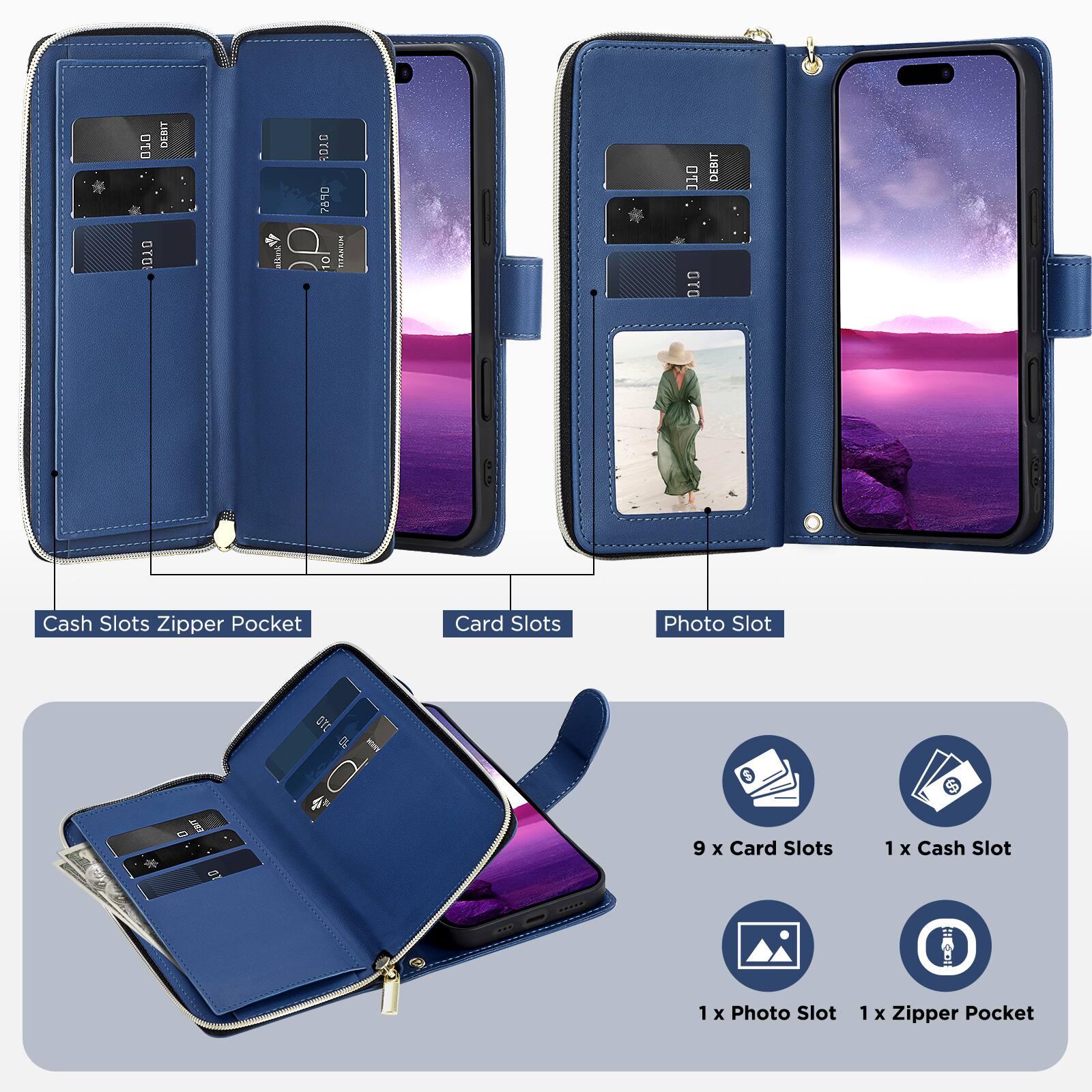 00 OTOE DEBIT Mkr OTON 780 10 THASIUR 010 OTO DEBIT Cash Slots Zipper Pocket Card Slots Photo Slot

9 x Card Slots  
1 x Cash Slot  
1 x Photo Slot  
1 x Zipper Pocket