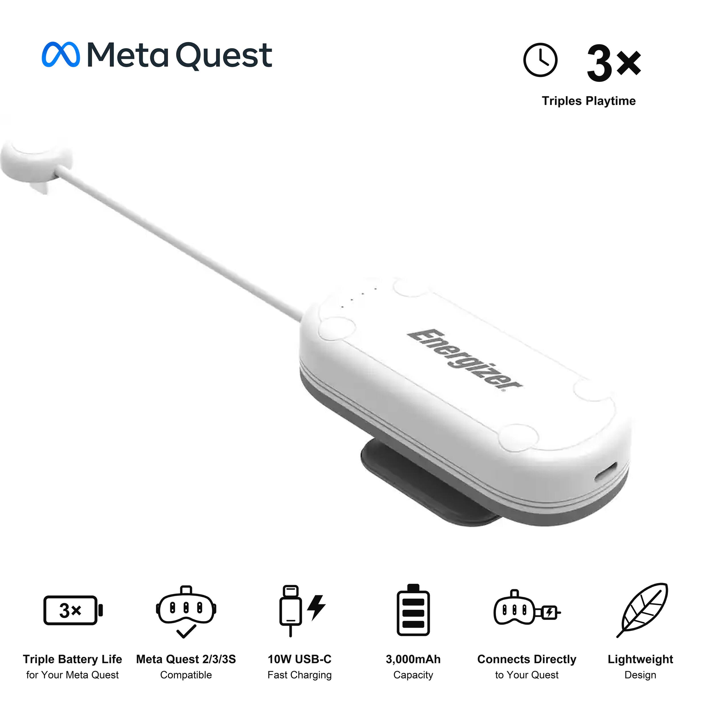 Meta Quest

3x Triples Playtime

Energizer

3x Triple Battery Life for Your Meta Quest

Meta Quest 2/3/3S Compatible

10W USB-C Fast Charging

3,000mAh Capacity

Connects Directly to Your Quest

Lightweight Design