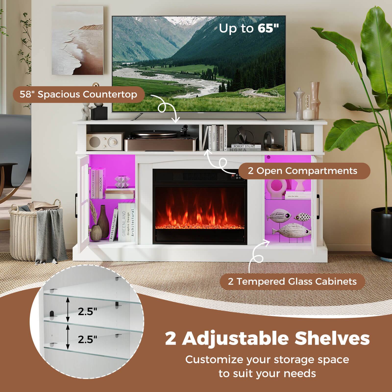 Up to 65"  
58" Spacious Countertop  
2 Open Compartments  
2 Tempered Glass Cabinets  
2 Adjustable Shelves  
Customize your storage space to suit your needs