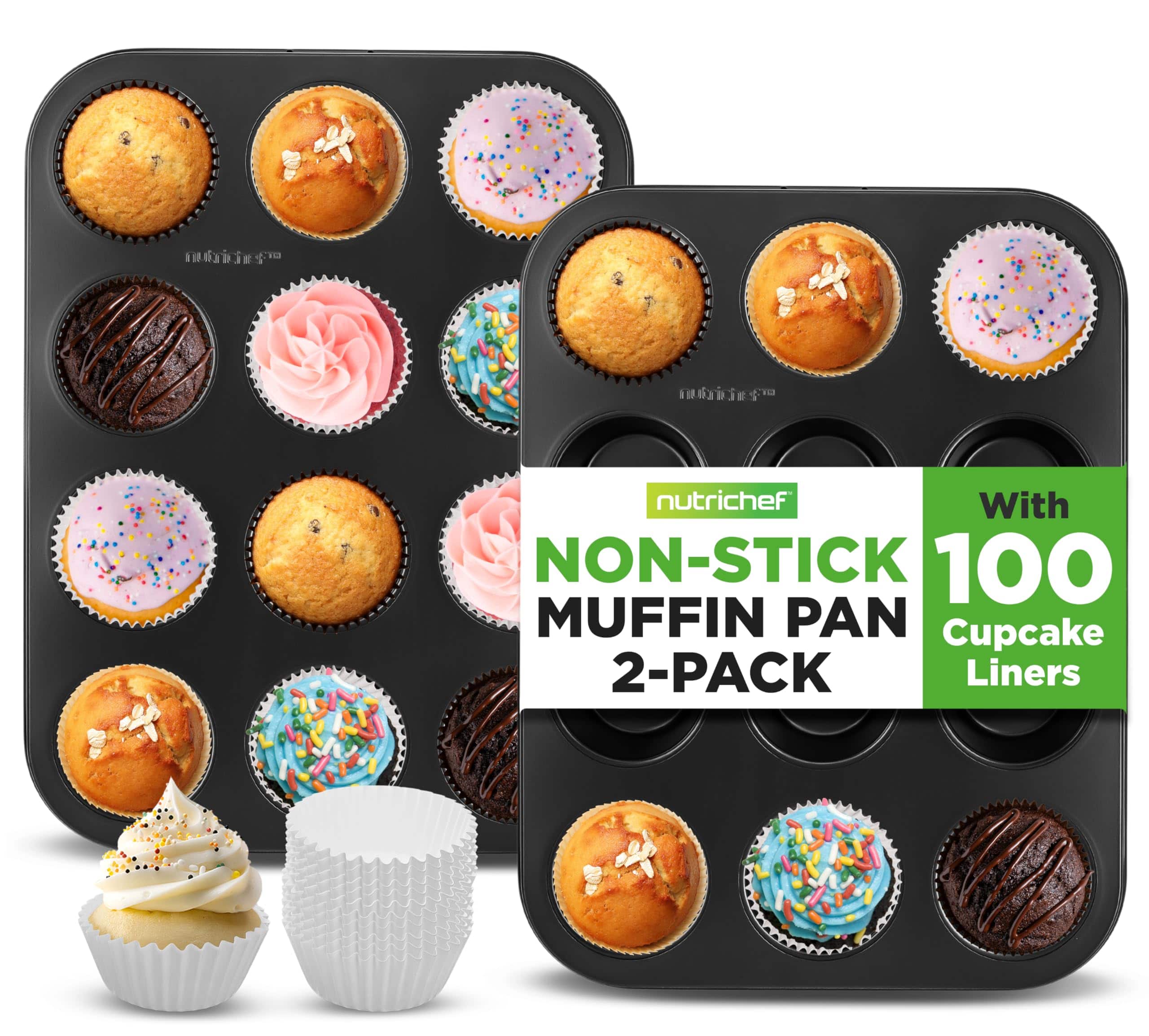 NutriChef - Muffin Pans 2-Pack, Nonstick 12-Mold Cupcake Tins, Carbon Steel, Dishwasher Safe (NC2TRCP4) - Black