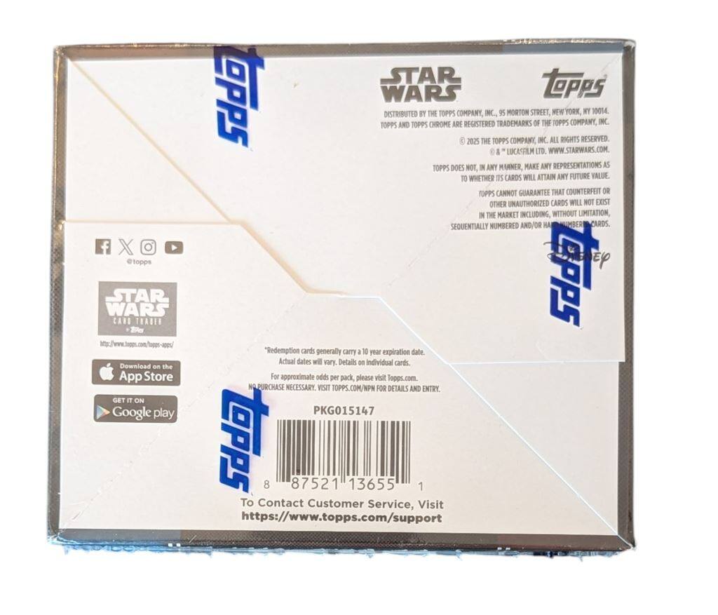 Sure, here is the corrected and grouped text from the image:

---

**STAR WARS**  
DISTRIBUTED BY THE TOPPS COMPANY, INC.  
95 MORTON STREET, NEW YORK, NY 10014  
TOPPS AND TOPPS CHROME ARE REGISTERED TRADEMARKS OF THE TOPPS COMPANY, INC.  
© 2025 THE TOPPS COMPANY, INC. ALL RIGHTS RESERVED  
© & ™ LUCASFILM LTD. WWW.STARWARS.COM  

TOPPS DOES NOT, IN ANY MANNER, MAKE ANY REPRESENTATIONS AS TO WHETHER ITS CARDS WILL ATTAIN ANY FUTURE VALUE. TOPPS CANNOT GUARANTEE THAT COUNTERFEIT OR OTHER UNAUTHORIZED CARDS WILL NOT EXIST IN THE MARKET INCLUDING, WITHOUT LIMITATION, SEQUENTIALLY NUMBERED AND/OR HIDDEN CARDS.  

**STAR WARS CARD TRADER**  
https://www.topps.com/star-wars-card-trader  

"Redemption cards generally carry a 10 year expiration date. Actual dates will vary. Details on individual cards. Download on the App Store For approximate odds per pack, please visit Topps.com"  

NO PURCHASE NECESSARY. VISIT