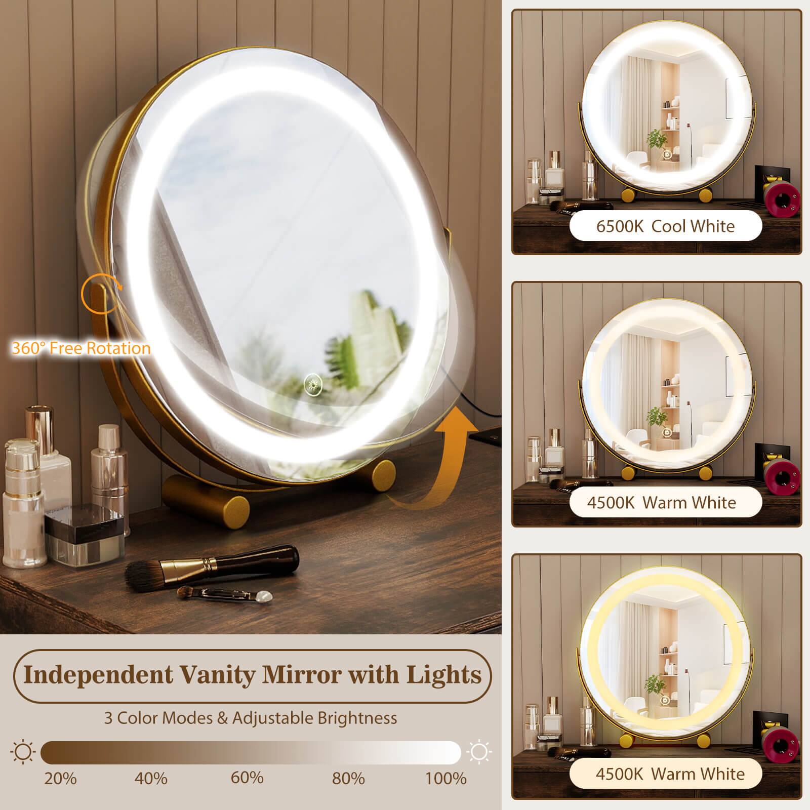 6500K Cool White  
360° Free Rotation  
4500K Warm White  
Independent Vanity Mirror with Lights  
3 Color Modes & Adjustable Brightness: 20%, 40%, 60%, 80%, 100%  
4500K Warm White
