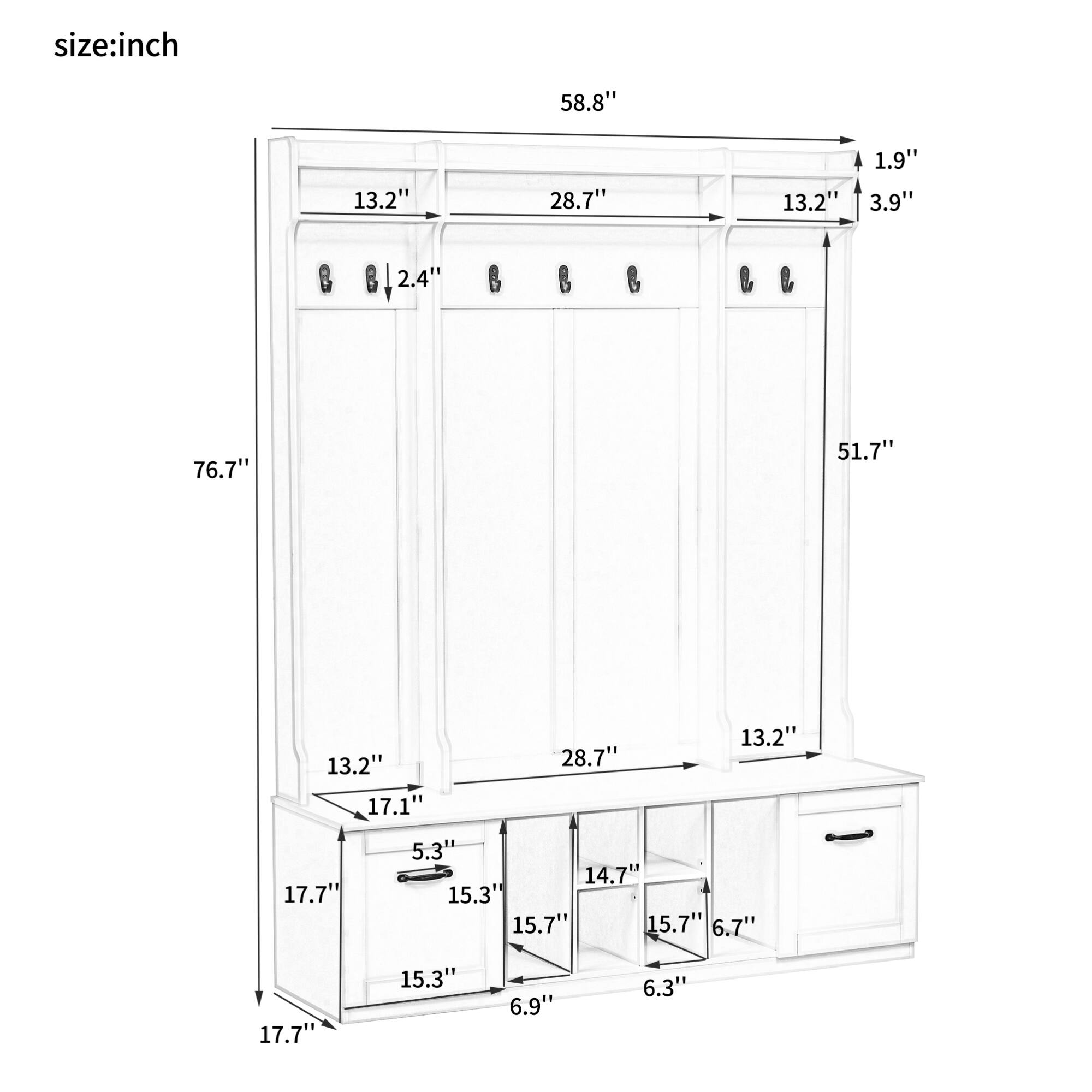 size:inch  
58.8" 13.2" 28.7" 13.2" 1.9" 3.9" 12.4" 2.4"  
76.7" 51.7" 13.2" 17.1" 28.7" 13.2" 17.7" 5.3" 14.7" 15.3" 15.7" 15.7" 6.7" 17.7" 15.3" 6.9" 6.3"