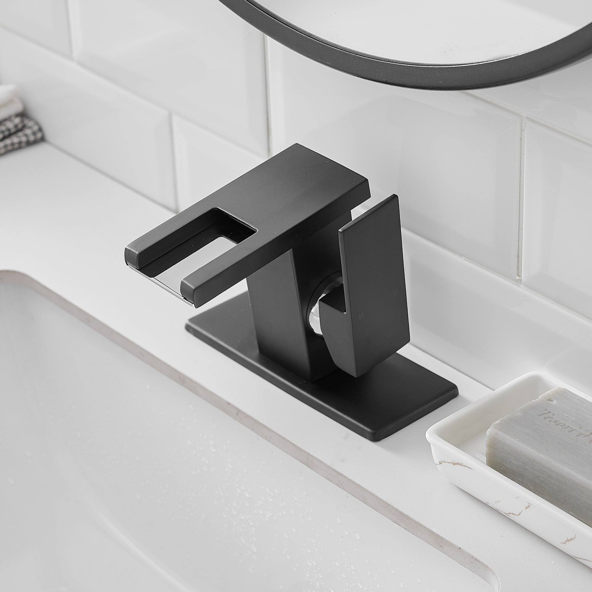 Angle. Boyel Living - Single Handle Single Hole Bathroom Faucet Matte Black with Deck Plate LED Temperature Sensor Waterfall Spout - Matte Black.