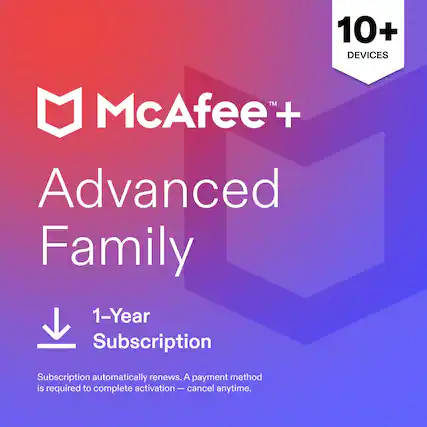 10+ DEVICES
McAfee + Advanced Family
1-Year Subscription
Subscription automatically renews. A payment method is required to complete activation - cancel anytime.