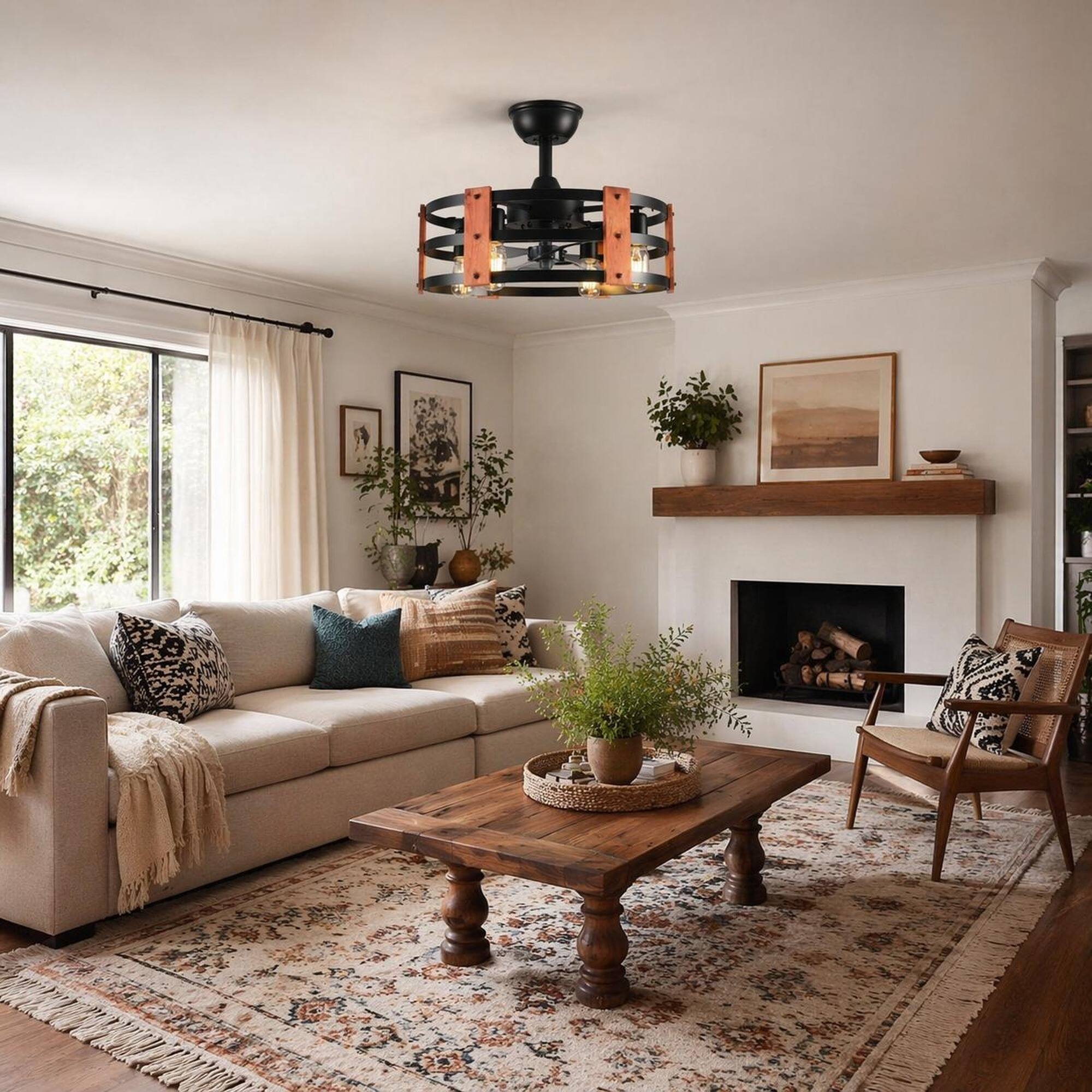 Angle. RYHNUYNE - 19-Inch Black Ceiling Fan with Light and 4-Socket Chandelier, 3-Blade Reversible Motor, Adjustable Downrod.
