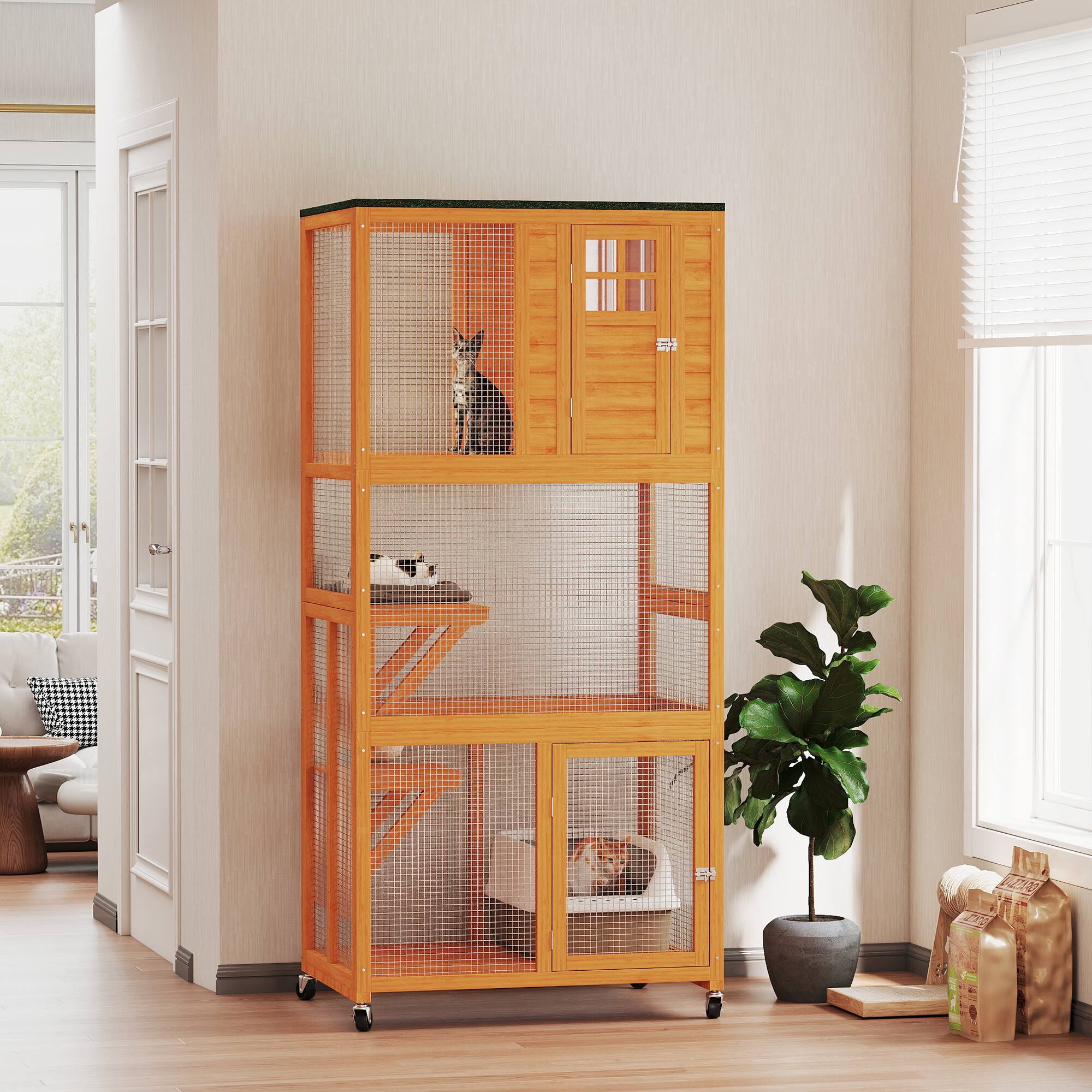 Angle. Pawhut - 74" Wooden Catio Outdoor House, Weatherproof & Wheeled, Enclosure High Capacity, Kitten Cage Condo.